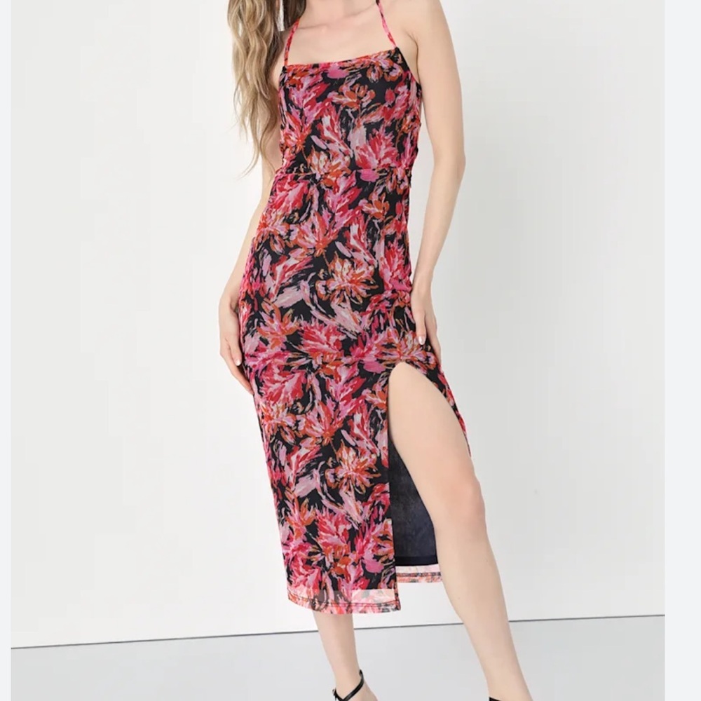 Lulus My Favorite Attention Navy Blue Floral Mesh Lace-Up Midi Dress NEW
